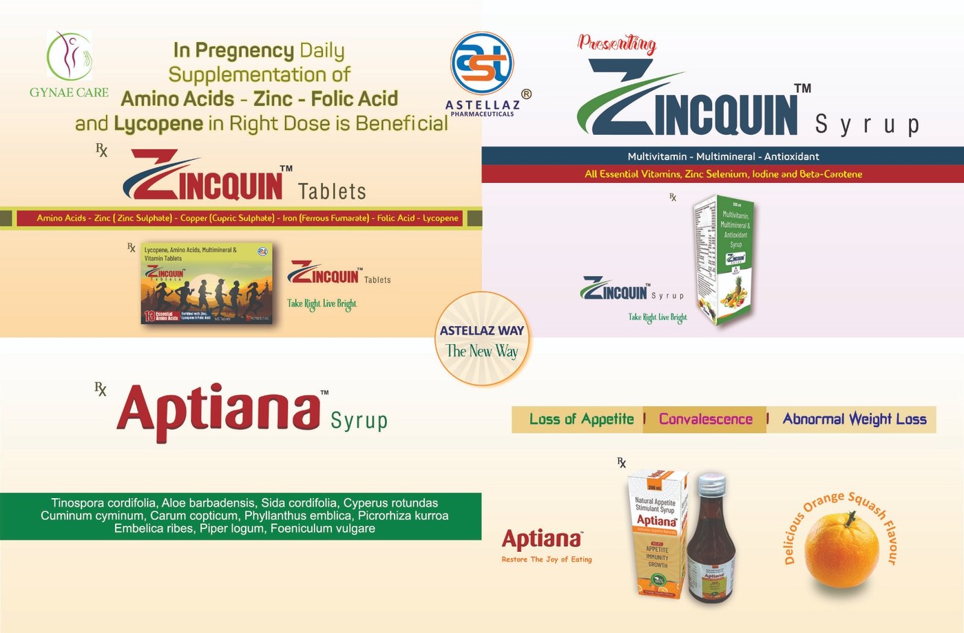 Zincquin Tablets, Zincquin Syrup and Aptiana promotional sheet